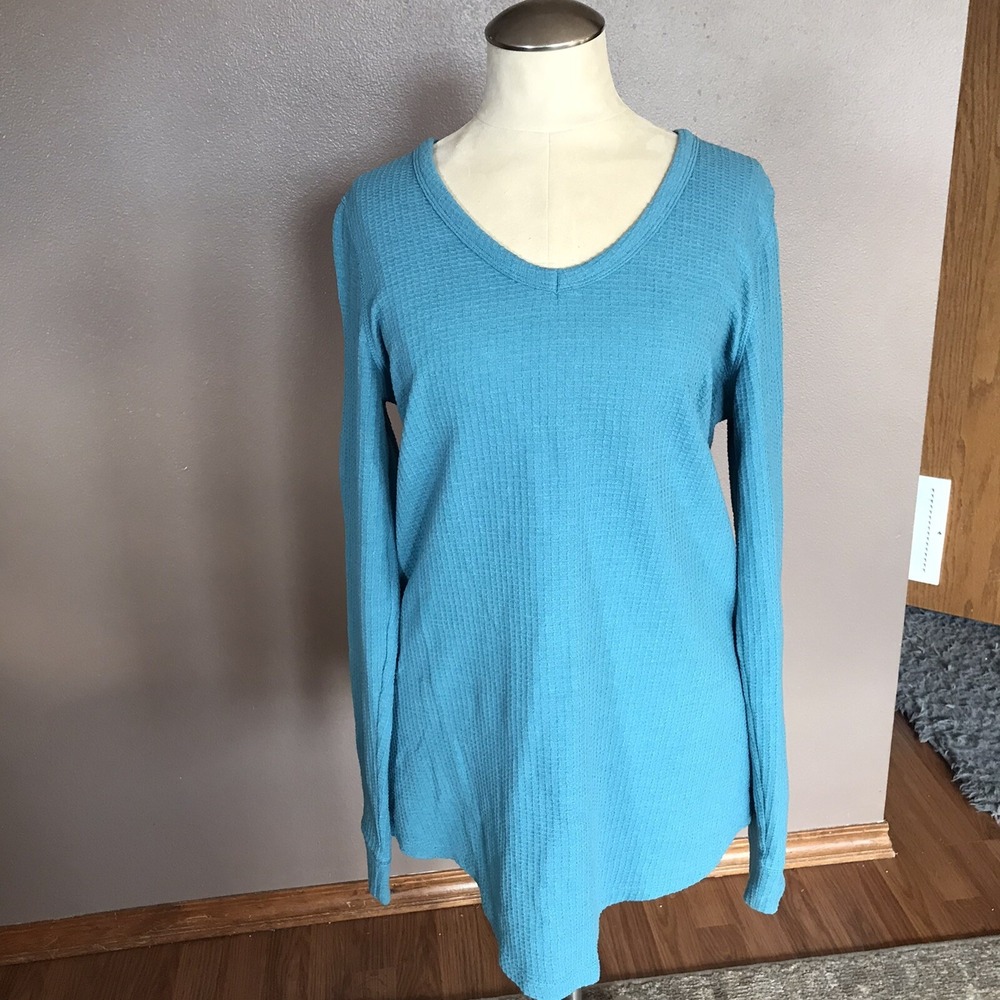 Columbia Sz S Blue V Neck Textured Waffle Sporty Top Base Layer Hiking